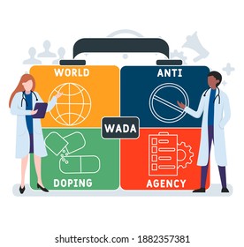 Diseño plano con gente. WADA - Acrónimo de la Agencia Mundial Antidopaje, antecedentes médicos. Ilustración vectorial para banner de sitio web, materiales de marketing, presentación de negocios, publicidad en línea.