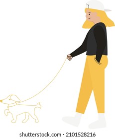 Flat Design People Walking With Her Pet. People and Dog Illustration Walking Together