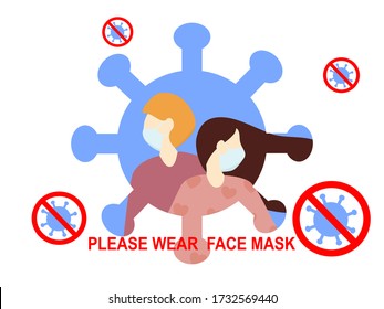 Flat design people wearing face mask stop virus, text please wear face mask , protection from coronavirus or covid-19, group of people avoid from coronavirus by hygiene, fighting against healthcare