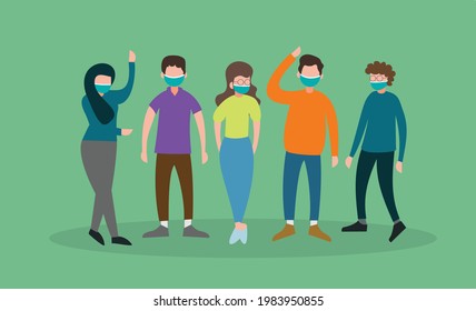 Flachdesign-Menschen, die Facemasken tragen