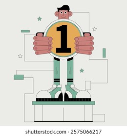 Flat design for People Winner concept illustration. A man holding a gold medal with the number 1 on it
