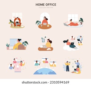 Flat design people working from home element collection isolated on beige background. Concept of home office and virtual meeting.