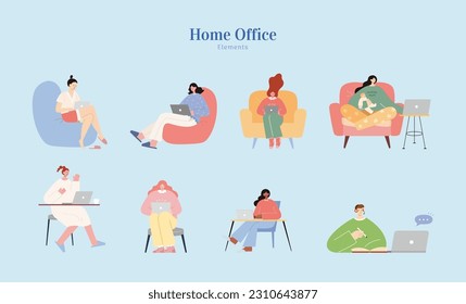 Flat design of people working at home with comfort element collection isolated on light blue background. Concept of home office and working remotely