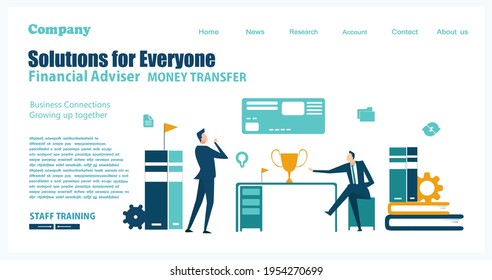 Flaches Design Mitarbeiter, die im Büro, auf der Website oder in der App-Seite arbeiten. Finanzdienstleistungen, Bankwesen, strategische Planung, Entwicklung, Unternehmenslösungen, Beratung, Marktforschung, Teamarbeit