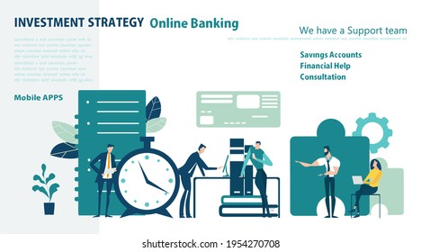 Flaches Design-Personal, das im Büro, auf der Website oder in der App-Seite arbeitet. Finanzdienstleistungen, Bankwesen, strategische Planung, Entwicklung, Unternehmenslösungen, Beratung, Marktforschung, Teamarbeit