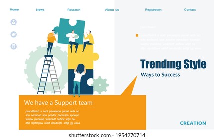 Diseñadores planos trabajando con rompecabezas, sitio web o plantilla de página de aplicación. Tecnología, planificación estratégica, desarrollo, soluciones empresariales, consultoría, concepto de investigación de mercado