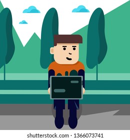 flat design, people are working through laptops