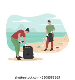 Flat design of people's clean up trash at sea beach. Illustration for website, landing page, mobile app, poster and banner. Trendy flat vector illustration