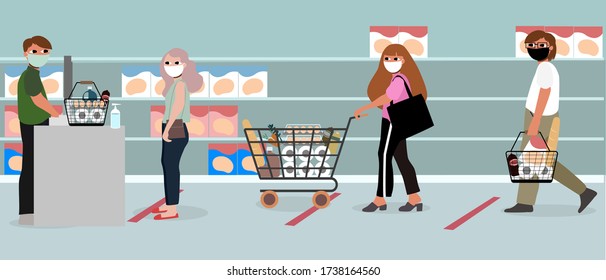 Flat design peoples shoppinng in store. Illustration vector man and woman do social distancing.