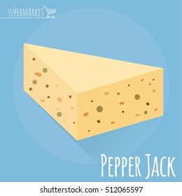 Flat Design Pepper Jack Cheese Vector Icon  On Light Blue Background With Long Shadow