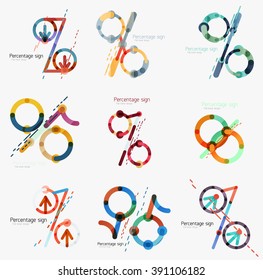 Flat design percentage sign. Linear outline style made of overlapping multicolored line elements