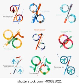 Signo de porcentaje de diseño plano. Estilo de contorno lineal hecho de elementos de línea multicolor superpuestos