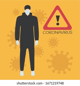 flat design person with medical face mask & uniform or protective suit. dangerous character with infection vector. people & outbreak coronavirus warning sign. man infected with Corona virus pandemic
