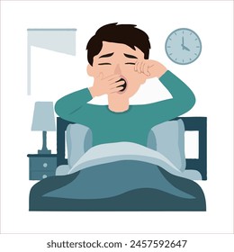 Flat design of a person sitting up in bed, with one hand covering their mouth as they yawn, and the other hand rubbing their eyes.