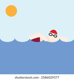 flat design of a person swimming. swim in the ocean