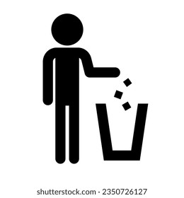 Flat design person throwing trash in trash can icon. Vector.