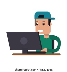 flat design person using laptop icon vector illustration