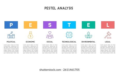 Flat Design PESTEL Analysis Infographic with Square Elements and Business Icons Vector Illustration