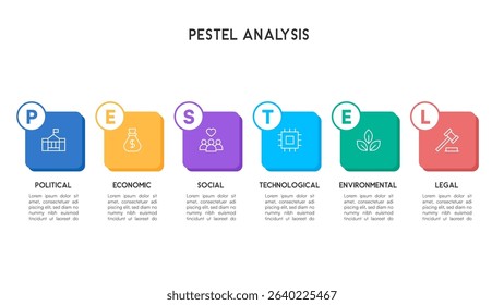 Flat Design PESTEL Analysis Infographic with Soft Pastel Blocks and Simple Business Icons Vector Illustration
