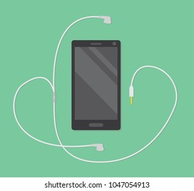 flat design of phone or black smartphone and earphone, white earphones