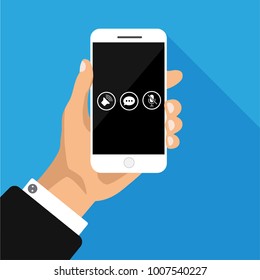 Flat design of phone with set of signs on screen. Turn off the microphone. Hand holds smartphone with mike, chat, loudspeaker. Vector illustration. Isolated