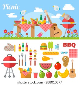 Flat Design Picnic BBQ elements Vector Illustration