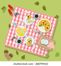 Flat design picnic in park with a basket, food and cutlery on red gingham. Vector illustration. 