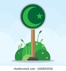 flat design pictogram of islam moon star islamic moslem religion icon in small bush and blue sky heaven cloud background