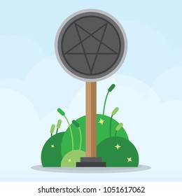 flat design pictogram of satanic pentagram magic religion icon in small bush and blue sky heaven cloud background