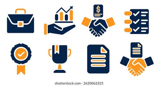Flat design pictogram set illustrating business cooperation, contract agreement, growth analytics, and performance recognition. Includes briefcase, graph in hand, handshake, checklist, certificate