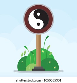 flat design pictogram taoism chinese yin yang lao tzu religion icon in small bush and blue sky heaven cloud background