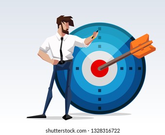 flat design picture illustration with character businessman standing with a big target and arrow. Flat design banner isolated on white background mission accomplished exactly. drawing company director