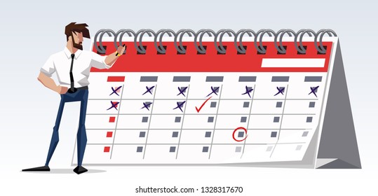 flat design picture illustration with character businessman standing with a big deadline desk calendar. Flat design banner isolated on white background period of execution. drawing company director
