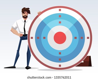 flat design picture illustration with character businessman standing with a big target and arrow. Flat design banner isolated on white background mission accomplished exactly. drawing company director