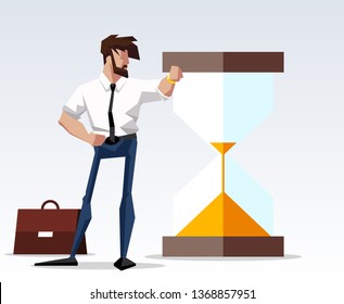 flat design picture illustration with character businessman standing with big hourglass. Flat design banner isolated on white background mission accomplished exactly pic drawing director and sandglass