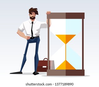 flat design picture illustration with character businessman standing with big hourglass. Flat design banner isolated on white background mission accomplished exactly pic drawing director and sandglass
