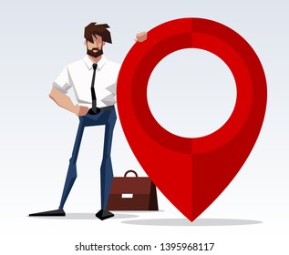 flat design picture illustration with character businessman standing with a big target and arrow. Flat design banner isolated on white background mission accomplished exactly. drawing company director