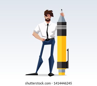 flat design picture illustration with character businessman standing with big pen. Flat design banner pic isolated white background mission accomplished exactly. drawing company director large pencil