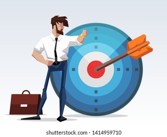 flat design picture illustration with character businessman standing with a big target and arrow. Flat design banner isolated on white background mission accomplished exactly. drawing company director