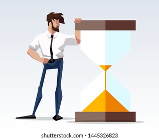 flat design picture illustration with character businessman standing with big hourglass. Flat design banner isolated on white background mission accomplished exactly pic drawing director and sandglass