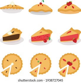 flat design with a pie theme with different types of pies and various pictures from different points of view