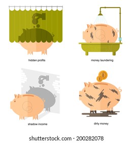 Flat design piggy bank icons vector illustration concepts of finance and business,piggy bank icons for finance and business hidden profits shadow income dirty money money laundering