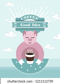Flat design piggy with coffee on a cloudy sky background. Vintage coffee label.
