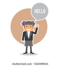 flat design of pigtails hair business woman smile and say hello with speech bubble