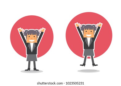 flat design of pigtails hair business young women jump with raised hand and happy face