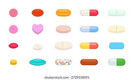 Colección plana de las píldoras y de las cápsulas del diseño, variedad Grande de tabletas médicas y de drogas, Ilustración vectorial aislada