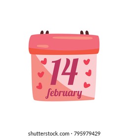 Flat design pink color calendar. 14 february calendar. Valentine's Day calendar. Vector illustration.