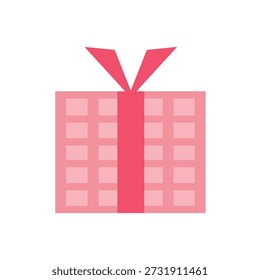 Caixa de presente cor-de-rosa de design plano com fita. Presente de ano novo. Caixa de presente de aniversário. Presente de aniversário. Caixa presente. 