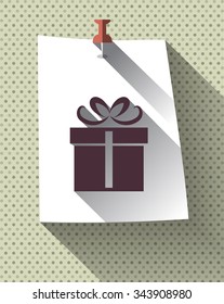 Flat design Pink Gift box sign with long shadow on sticky note paper attached with pin on dots pattern background. Vector Illustration