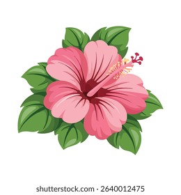 Flat Design Pink Hibiscus Flower Illustration with Bright Green Leaves and Childlike Style on White Background